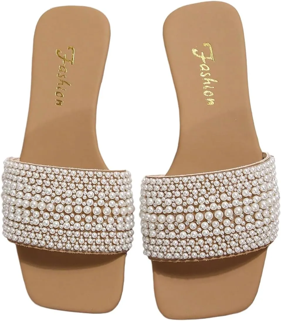 OYOANGLE Women's Pearl Decor Square Toe Sandals Leather Open Toe Flat Slip On Slides