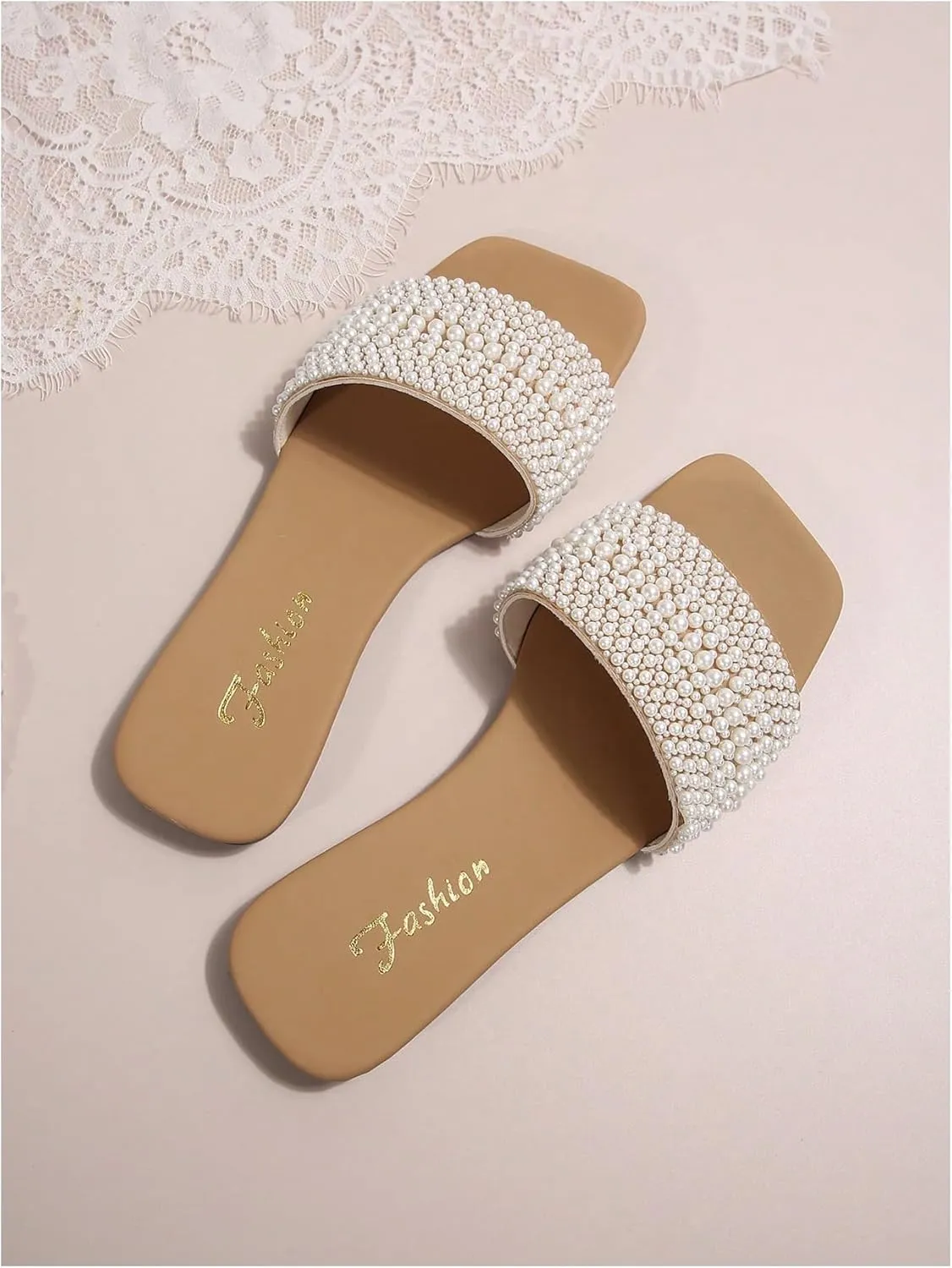 OYOANGLE Women's Pearl Decor Square Toe Sandals Leather Open Toe Flat Slip On Slides