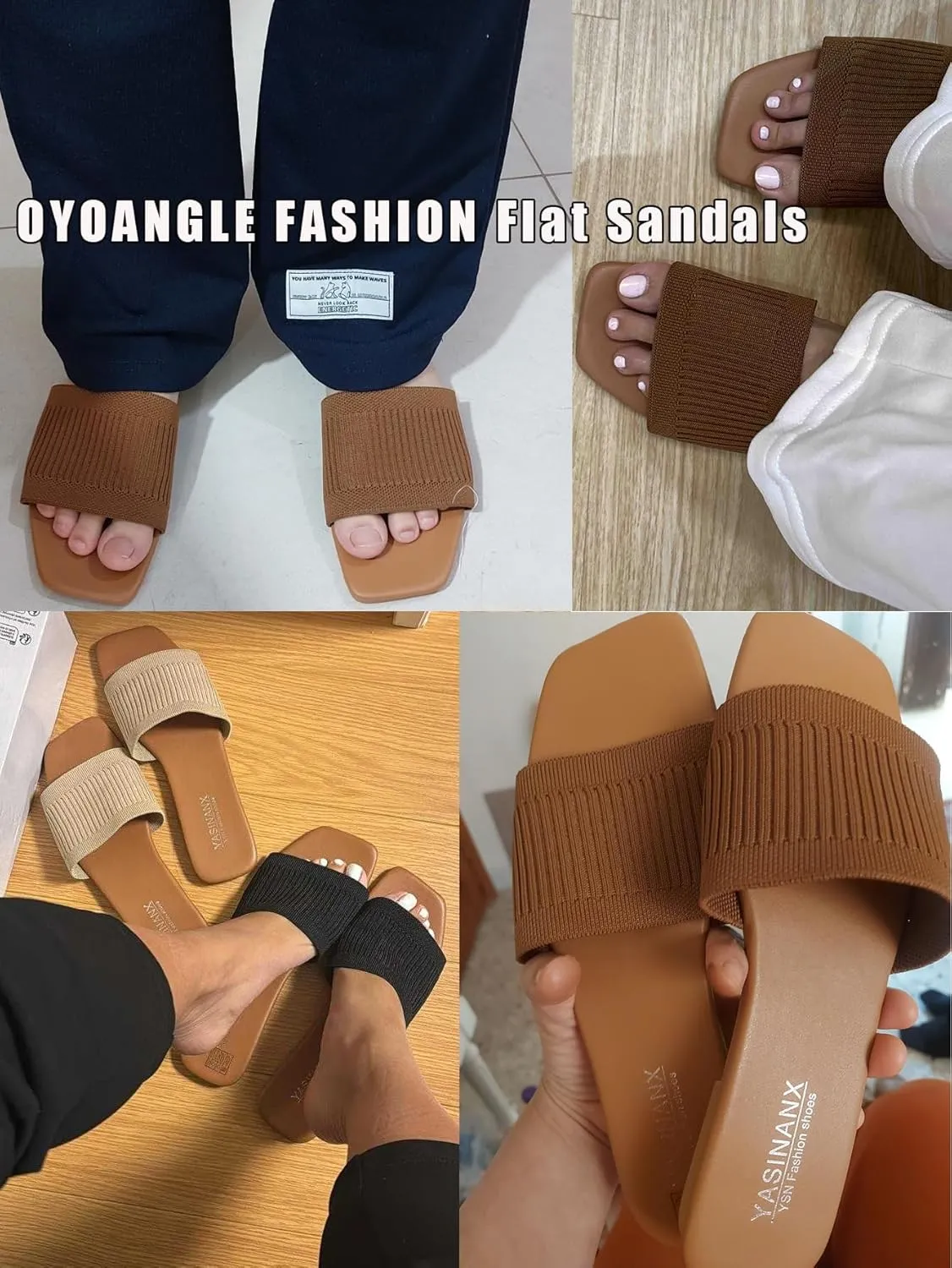 OYOANGLE Women's Single Band Square Open Toe Slide Sandals Summer Slip on Flat Sandals