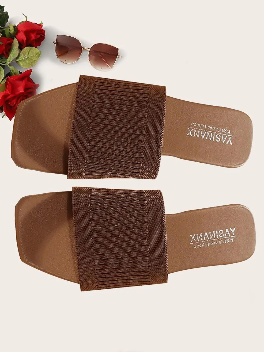 OYOANGLE Women's Single Band Square Open Toe Slide Sandals Summer Slip on Flat Sandals