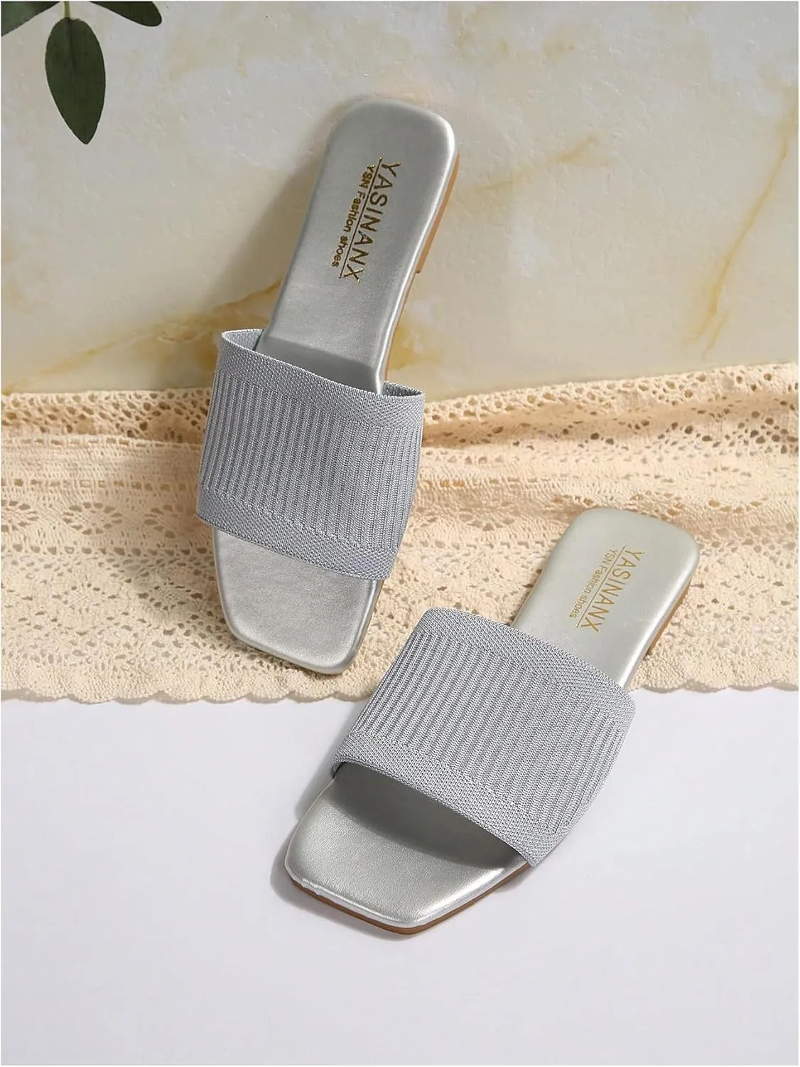 OYOANGLE Women's Single Band Square Open Toe Slide Sandals Summer Slip on Flat Sandals
