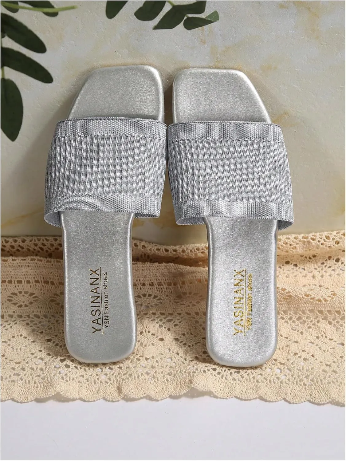 OYOANGLE Women's Single Band Square Open Toe Slide Sandals Summer Slip on Flat Sandals