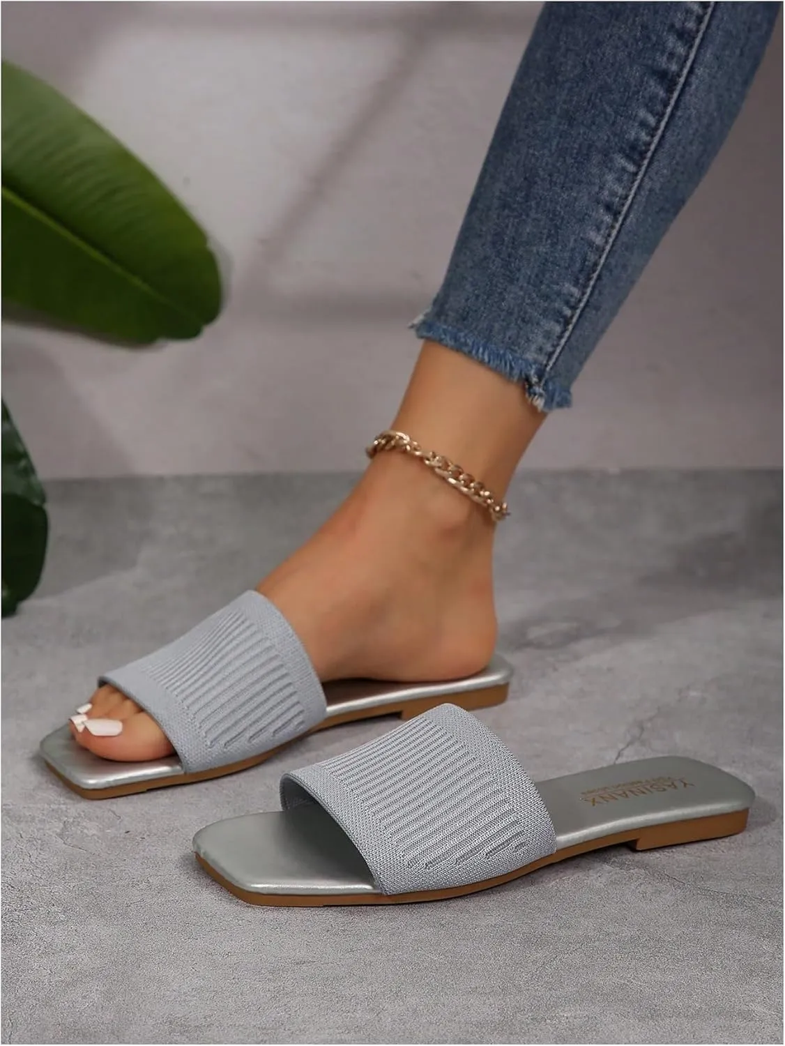 OYOANGLE Women's Single Band Square Open Toe Slide Sandals Summer Slip on Flat Sandals