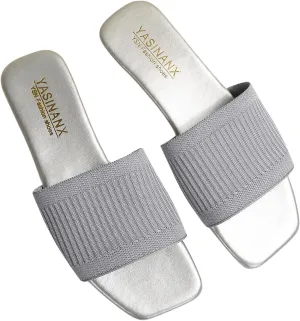 OYOANGLE Women's Single Band Square Open Toe Slide Sandals Summer Slip on Flat Sandals