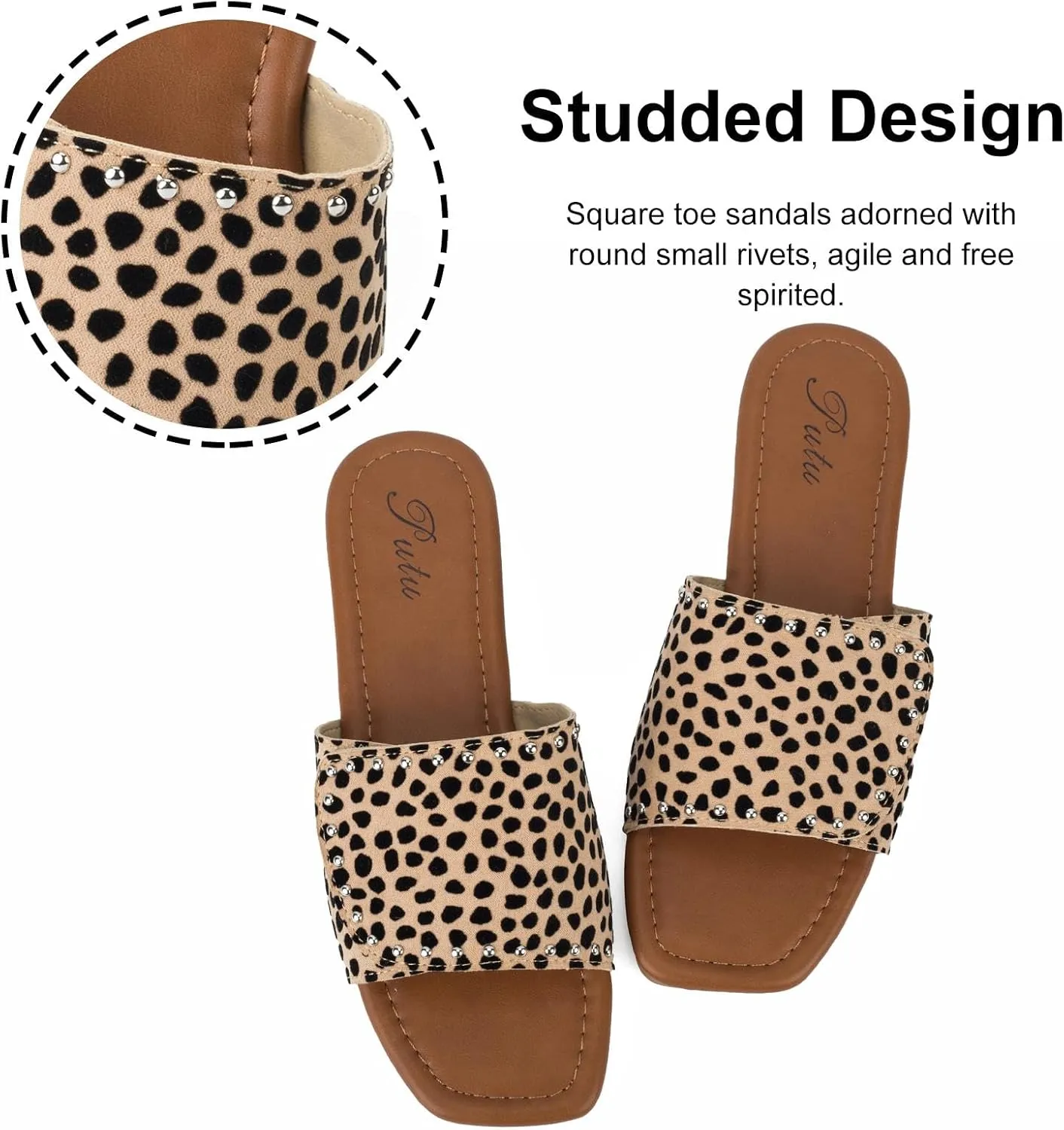 Putu Women's Flat Sandals Studded Slide Sandals Animal Print Western Sandals