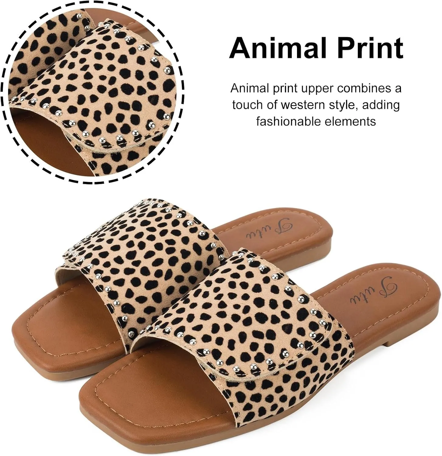 Putu Women's Flat Sandals Studded Slide Sandals Animal Print Western Sandals