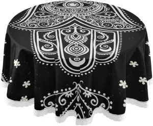 Qilmy Hamsa Round Tablecloth 60 Inch Macrame Lace Table Cloth Table Cover for Kitchen Dinning Tabletop Decor