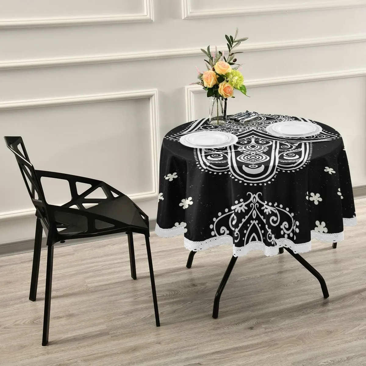 Qilmy Hamsa Round Tablecloth 60 Inch Macrame Lace Table Cloth Table Cover for Kitchen Dinning Tabletop Decor