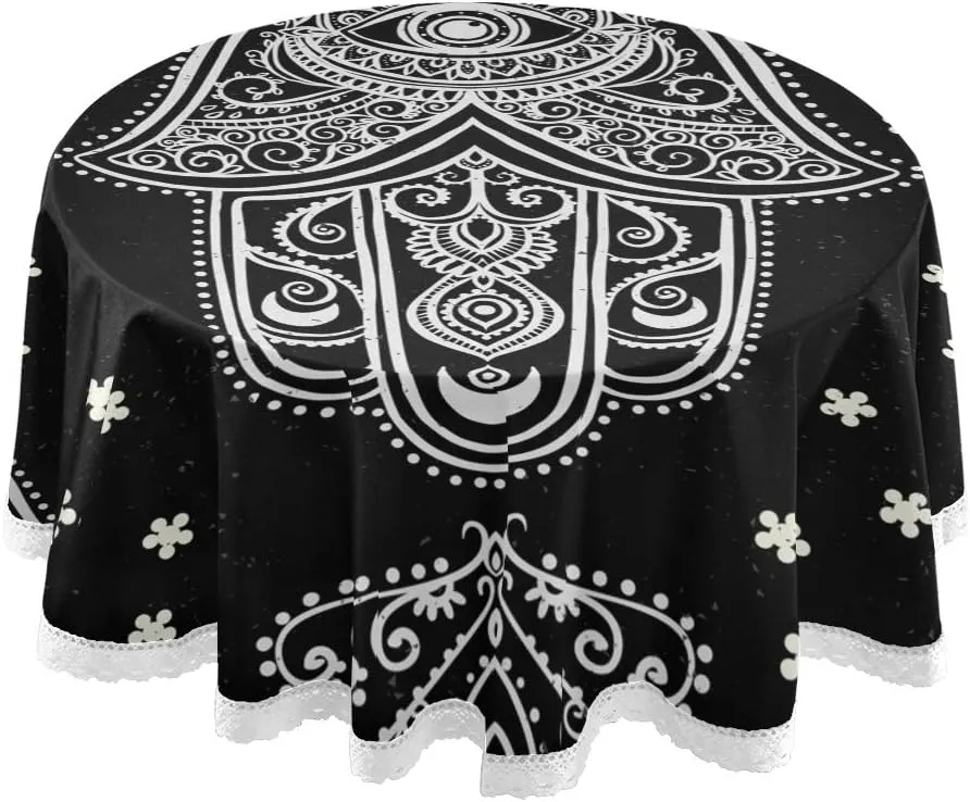 Qilmy Hamsa Round Tablecloth 60 Inch Macrame Lace Table Cloth Table Cover for Kitchen Dinning Tabletop Decor
