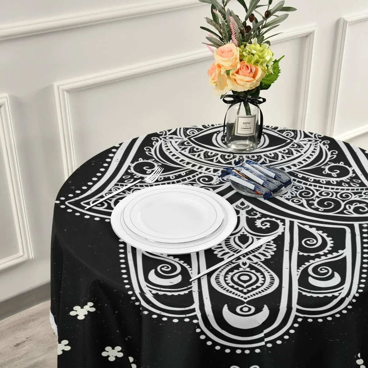 Qilmy Hamsa Round Tablecloth 60 Inch Macrame Lace Table Cloth Table Cover for Kitchen Dinning Tabletop Decor