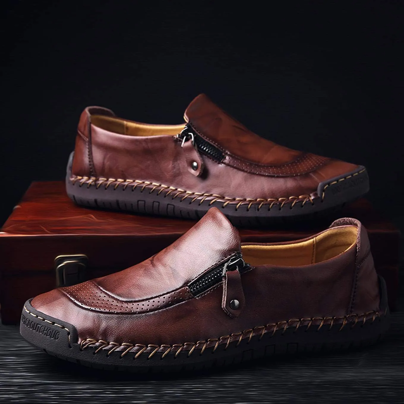 Qiucdzi Men's Casual Penny Loafers Breathable Lace-up Driving Boat Shoes Handmade Flats Dress Shoes