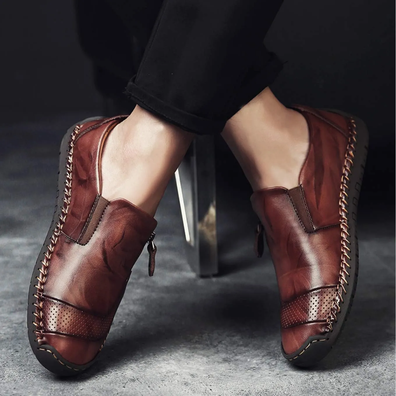 Qiucdzi Men's Casual Penny Loafers Breathable Lace-up Driving Boat Shoes Handmade Flats Dress Shoes
