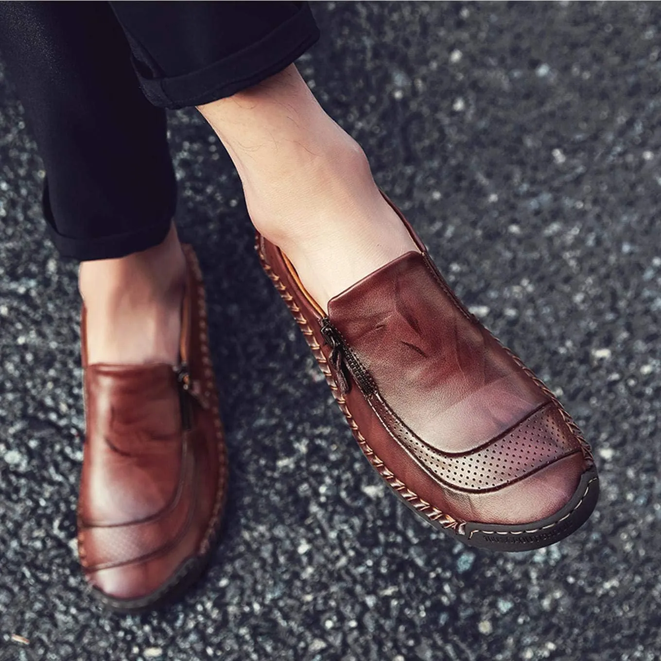 Qiucdzi Men's Casual Penny Loafers Breathable Lace-up Driving Boat Shoes Handmade Flats Dress Shoes