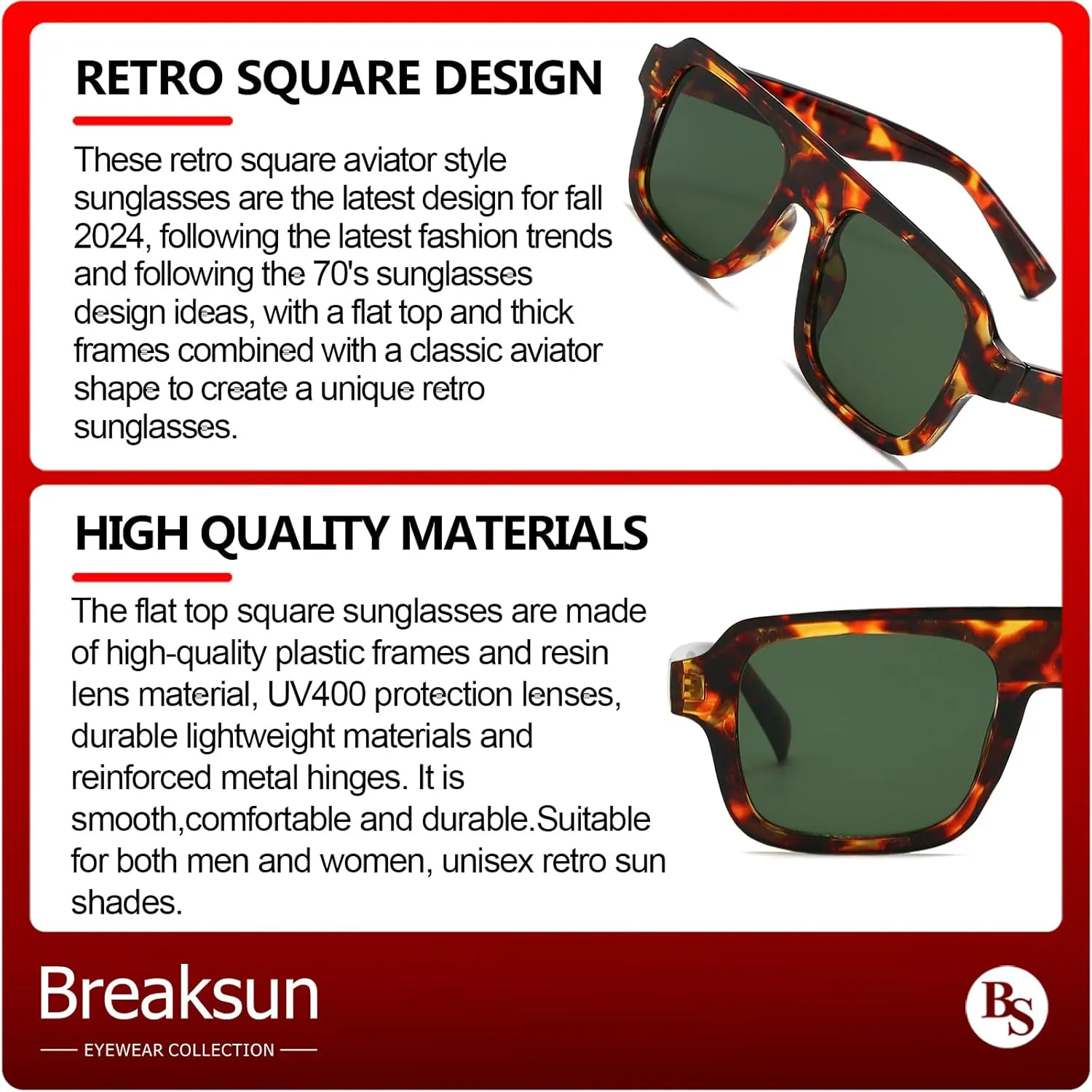 Retro Square Sunglasses for Women Men Trendy Thick Frame Square Aviator Sun Glasses 70s Vintage Shades
