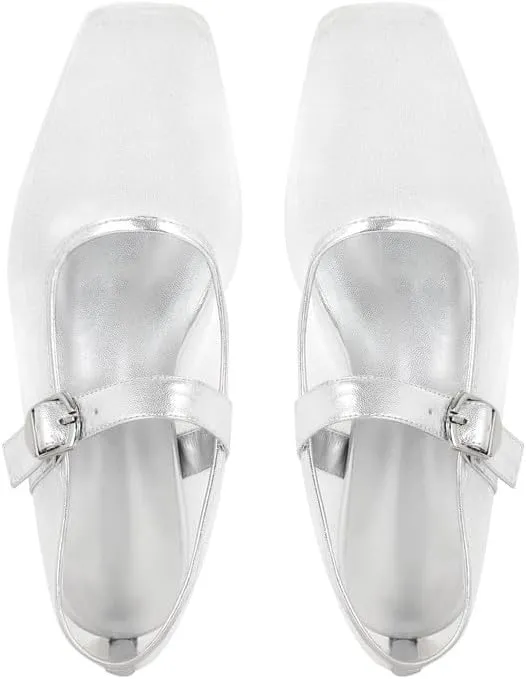 richealnini Women's Low Block Heel Square Toe Flats Patent Leather Pumps Adjustable Buckle Wedding Dress