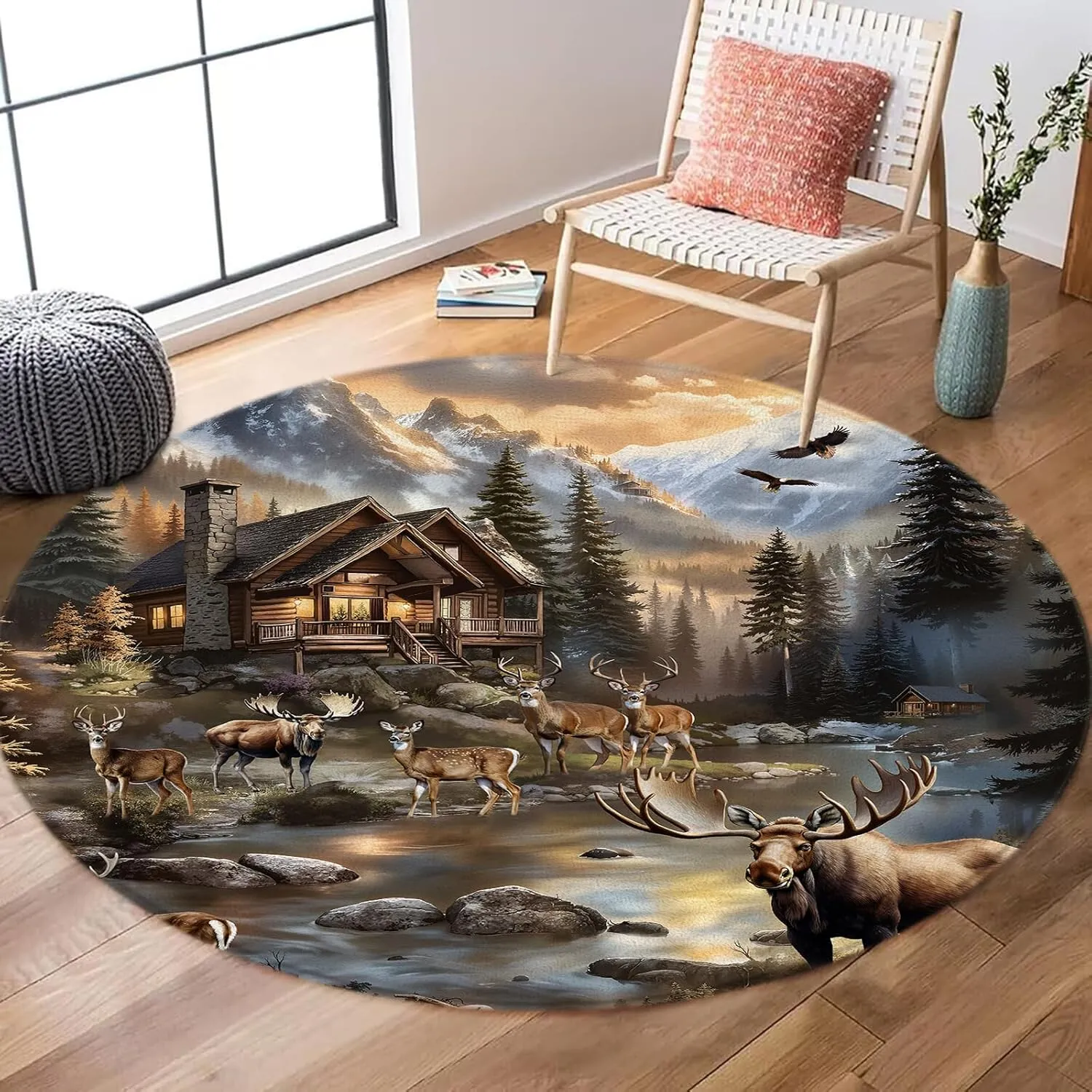 Rustic Cabin Round Area Rug,Wildlife Deer Moose Forest Lake Animal Mountain Brown 5Ft Round Circle Mat for Bedroom Sofa Living Room