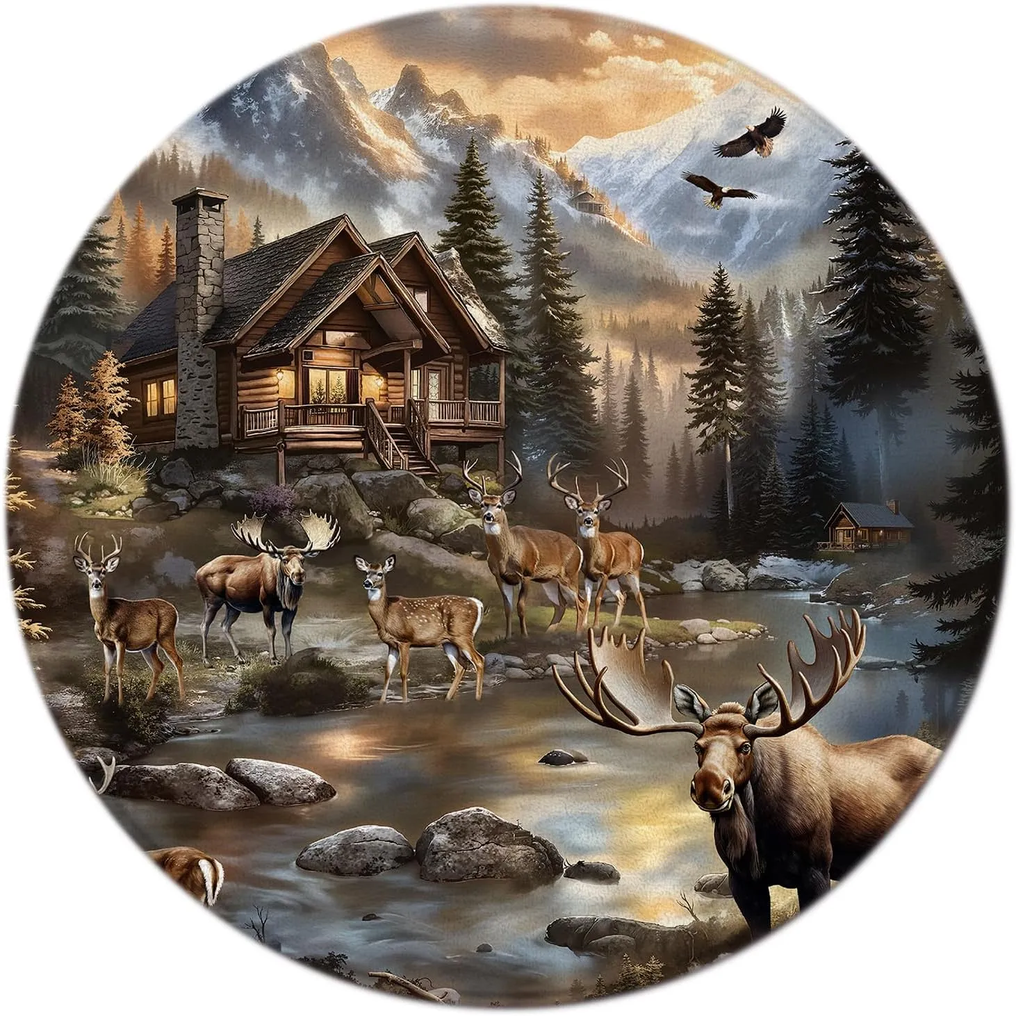 Rustic Cabin Round Area Rug,Wildlife Deer Moose Forest Lake Animal Mountain Brown 5Ft Round Circle Mat for Bedroom Sofa Living Room