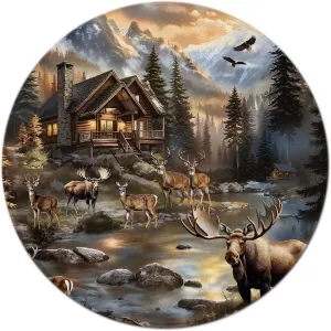 Rustic Cabin Round Area Rug,Wildlife Deer Moose Forest Lake Animal Mountain Brown 5Ft Round Circle Mat for Bedroom Sofa Living Room