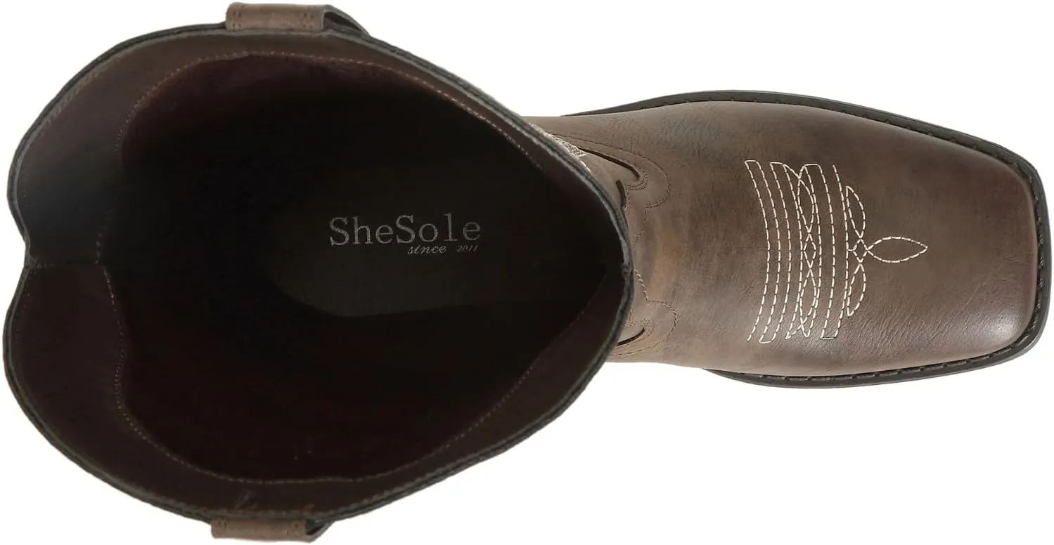 SheSole Women's Fashion Western Cowgirl Cowboy Boots Wide Square Toe Mid Calf
