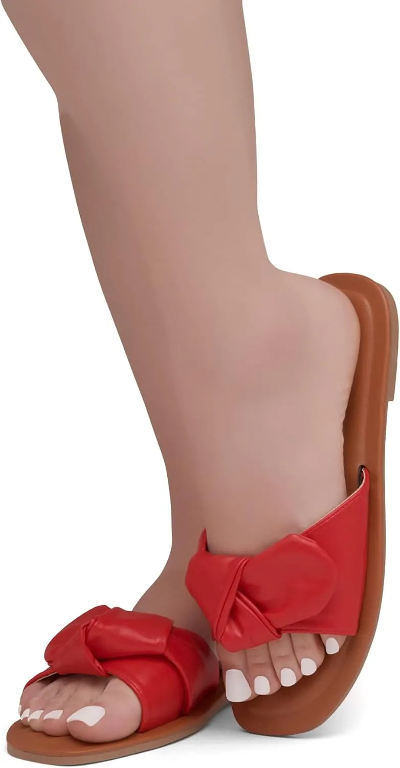Shoe Land Womens Amilie Slip On Slides Bow Tie Square Open Toe Flat Sandals For Summer