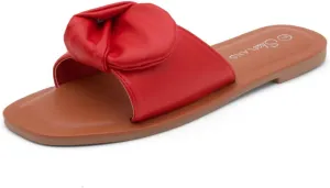 Shoe Land Womens Amilie Slip On Slides Bow Tie Square Open Toe Flat Sandals For Summer