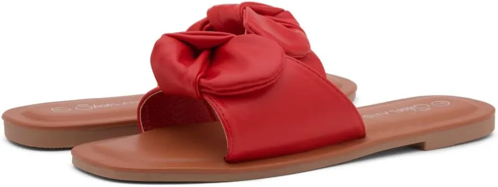 Shoe Land Womens Amilie Slip On Slides Bow Tie Square Open Toe Flat Sandals For Summer