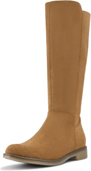 Shoe'N Tale Women's Knee High Boots Flat Low Heel Stretchy Round Toe with Side Zipper