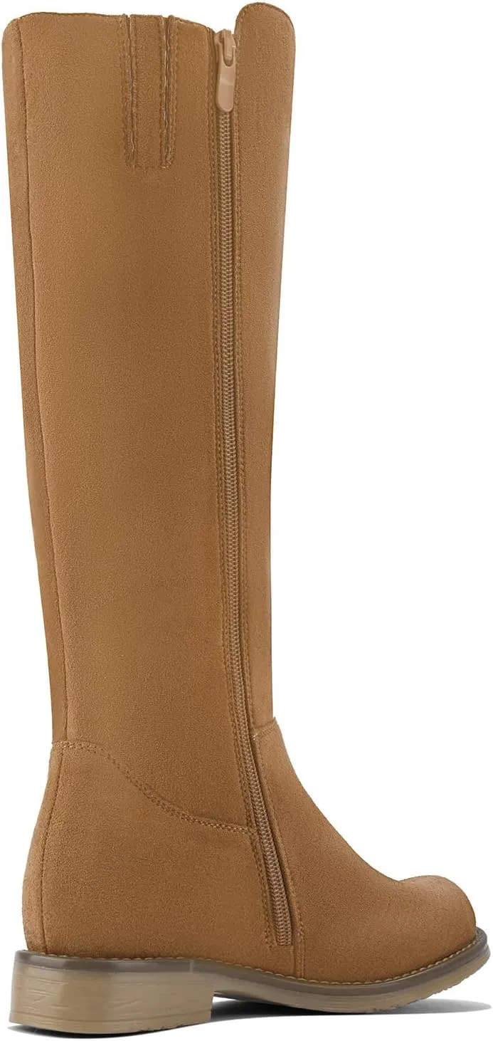 Shoe'N Tale Women's Knee High Boots Flat Low Heel Stretchy Round Toe with Side Zipper