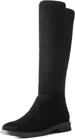 Shoe'N Tale Women's Knee High Boots Flat Low Heel Stretchy Round Toe with Side Zipper