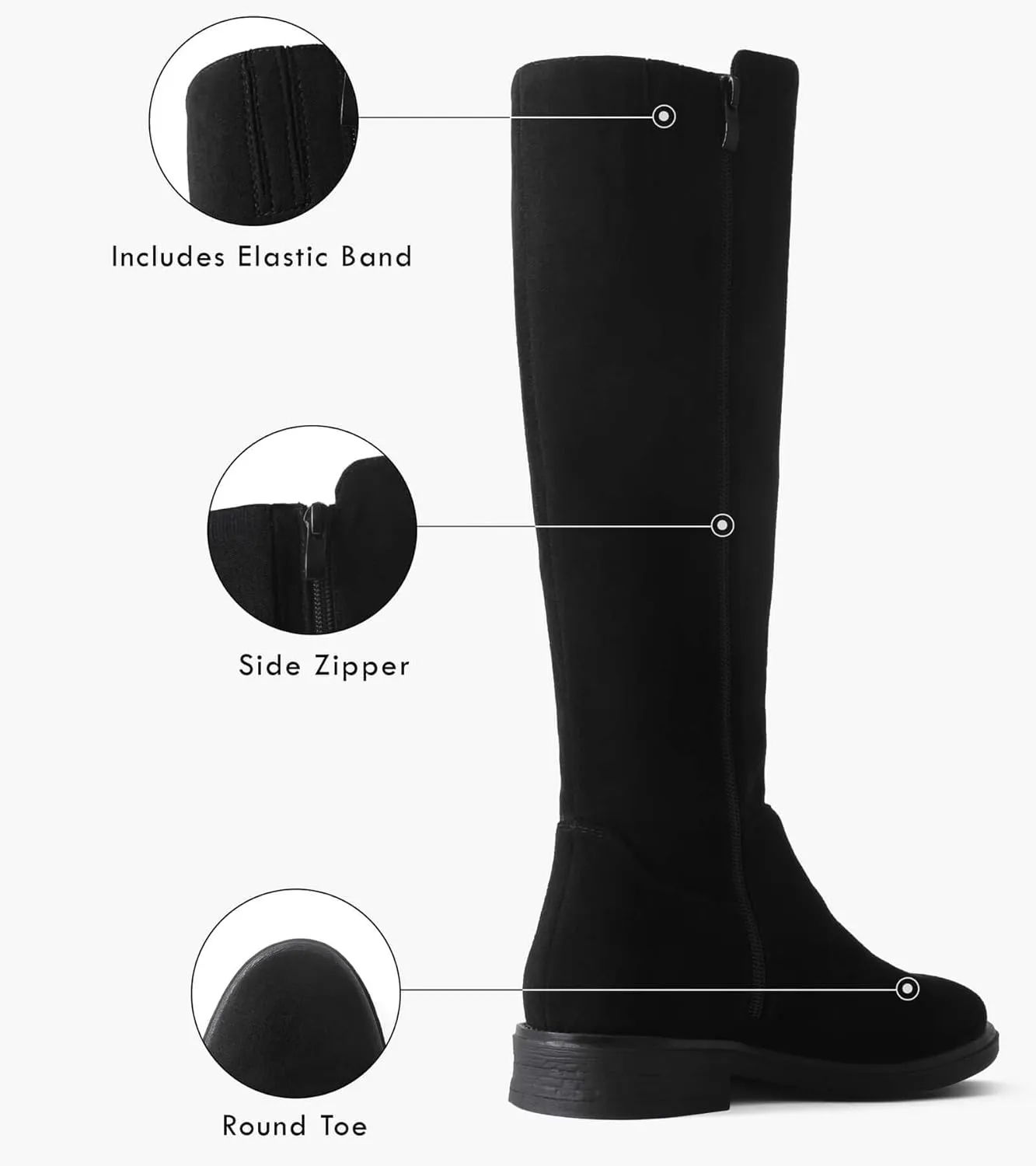 Shoe'N Tale Women's Knee High Boots Flat Low Heel Stretchy Round Toe with Side Zipper
