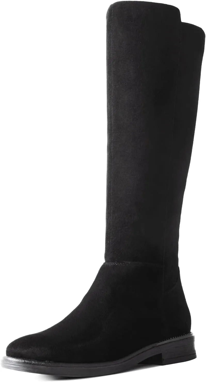 Shoe'N Tale Women's Knee High Boots Flat Low Heel Stretchy Round Toe with Side Zipper