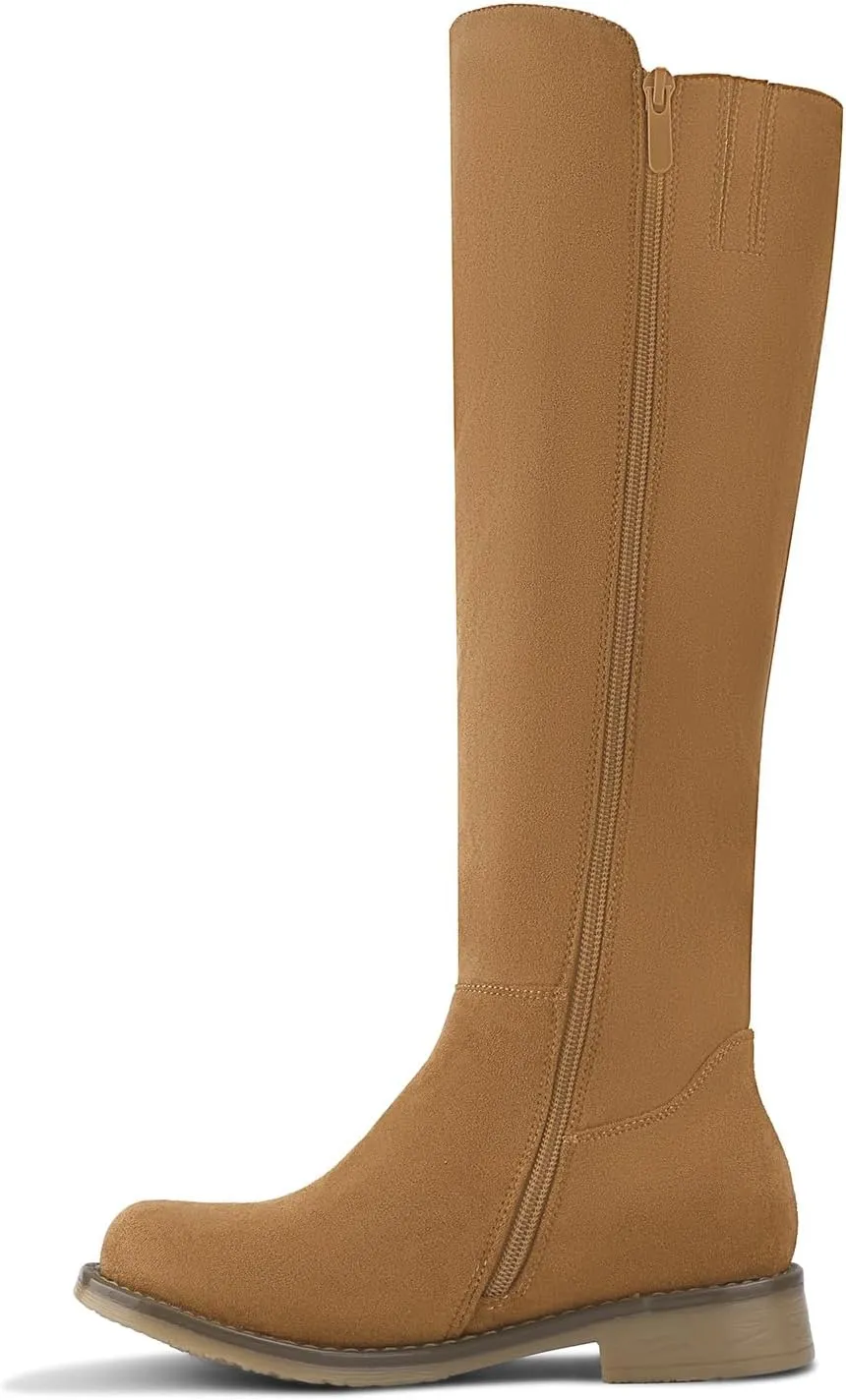 Shoe'N Tale Women's Knee High Boots Flat Low Heel Stretchy Round Toe with Side Zipper