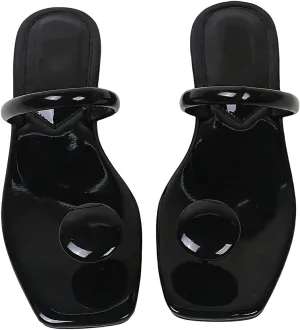 SweatyRocks Women's PU Leather Open Square Toe Thong Sandals Round Decor Outdoor Flat Sandals