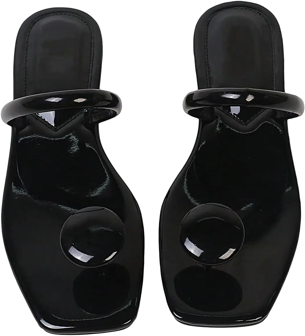 SweatyRocks Women's PU Leather Open Square Toe Thong Sandals Round Decor Outdoor Flat Sandals