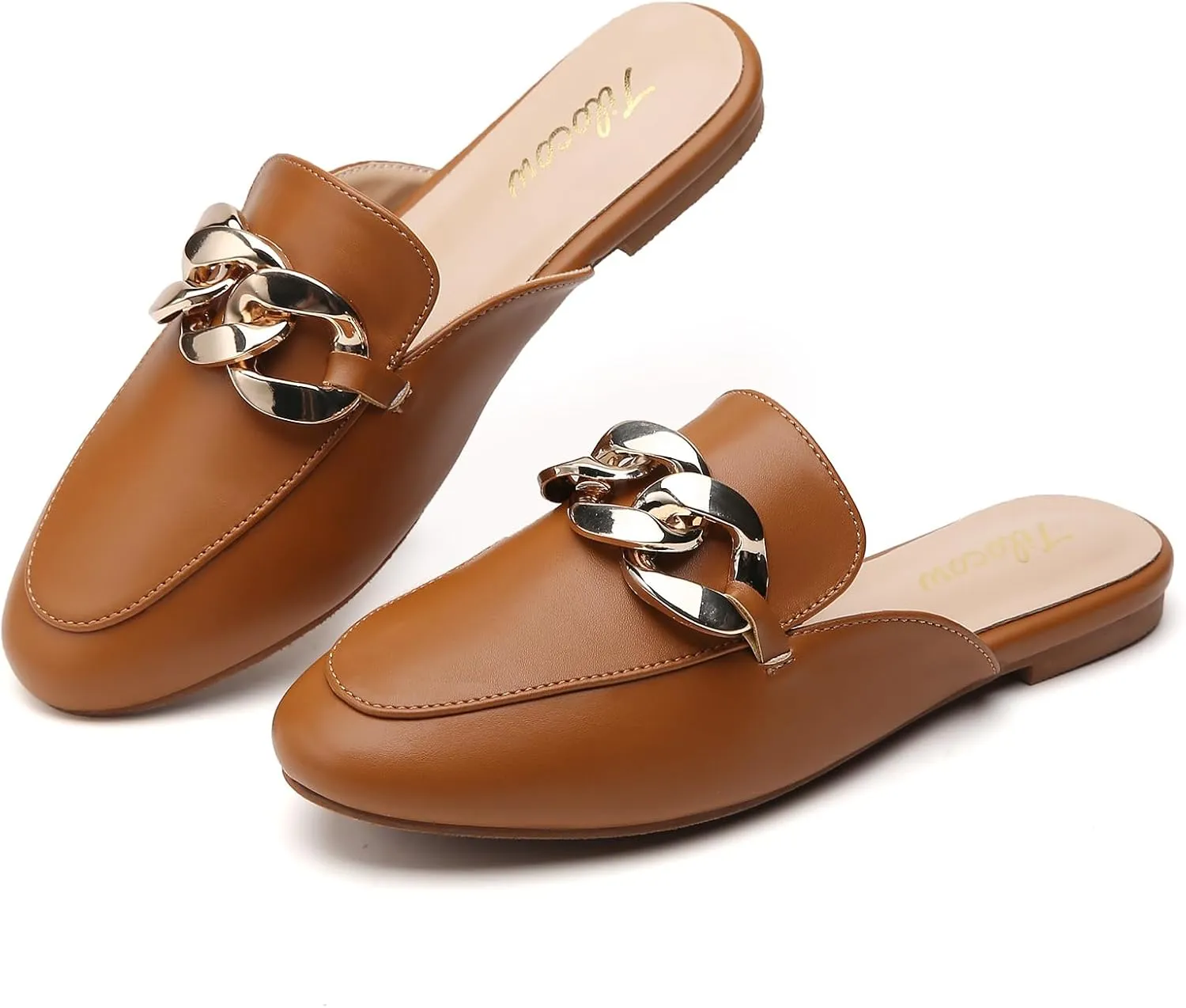 Tilocow Metal Chain Decor Flat Mules for Women Closed Round Toe Slip on Loafers Slides Backless Mules Flats