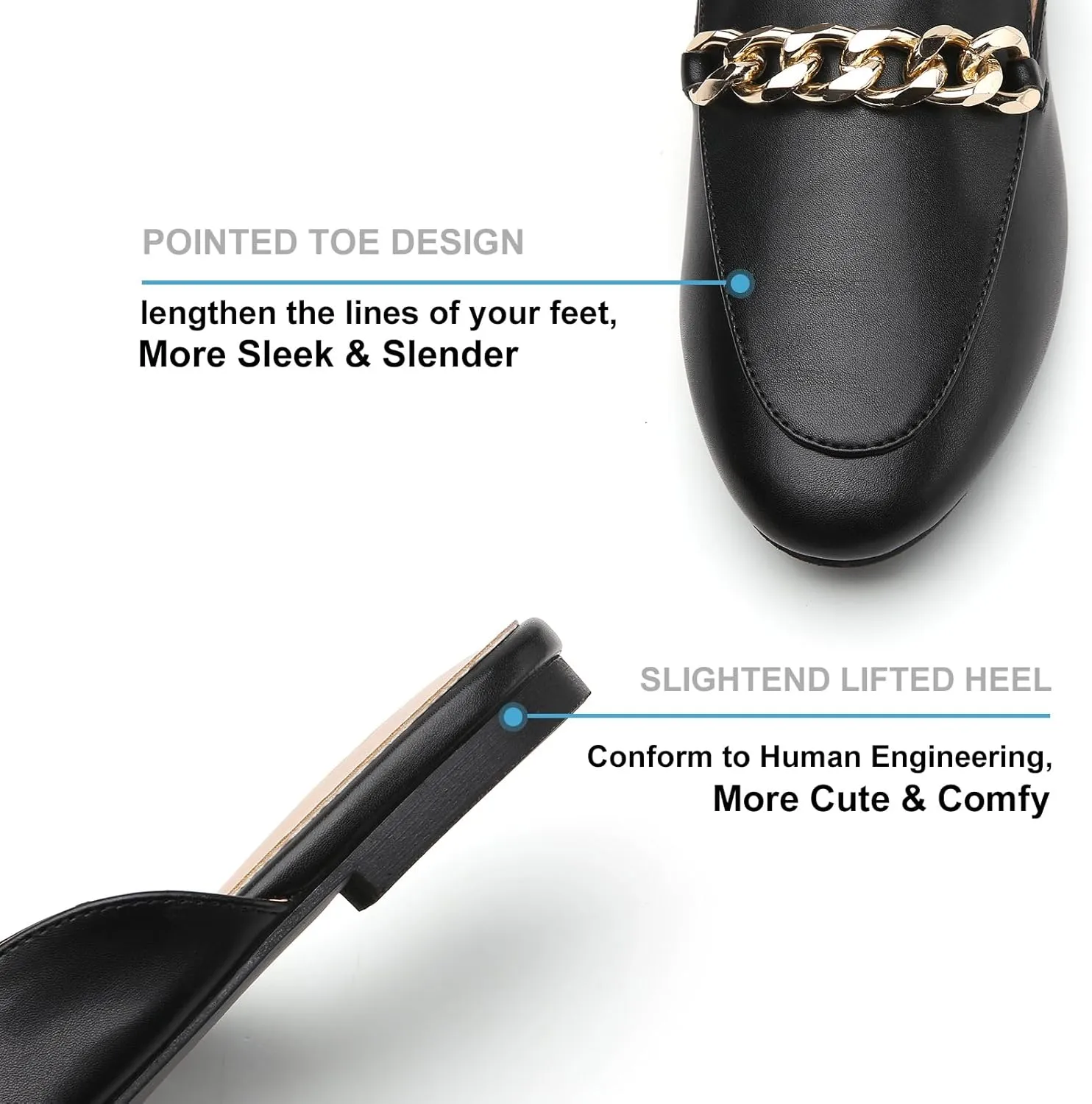 Tilocow Metal Chain Decor Flat Mules for Women Closed Round Toe Slip on Loafers Slides Backless Mules Flats