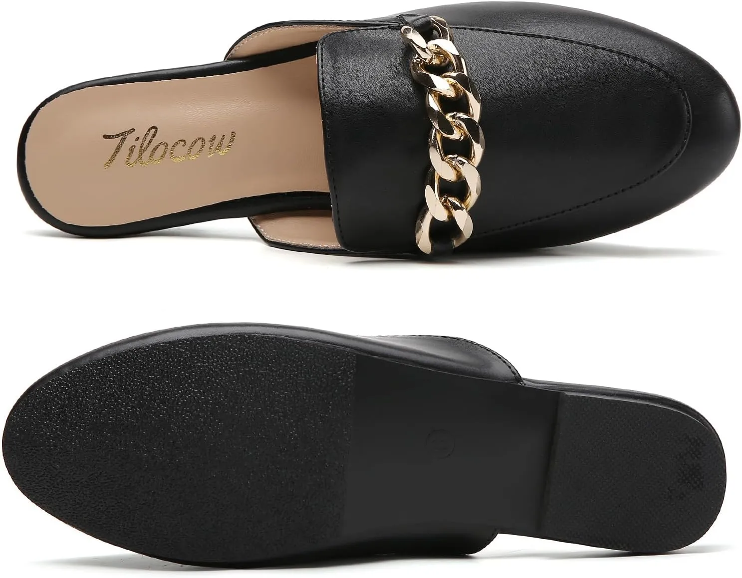 Tilocow Metal Chain Decor Flat Mules for Women Closed Round Toe Slip on Loafers Slides Backless Mules Flats