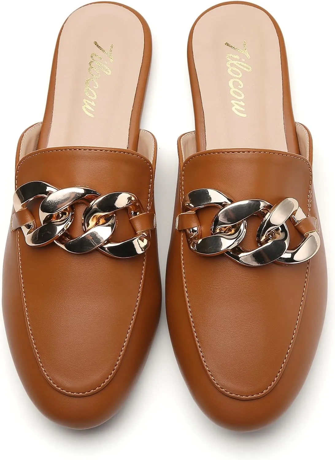 Tilocow Metal Chain Decor Flat Mules for Women Closed Round Toe Slip on Loafers Slides Backless Mules Flats