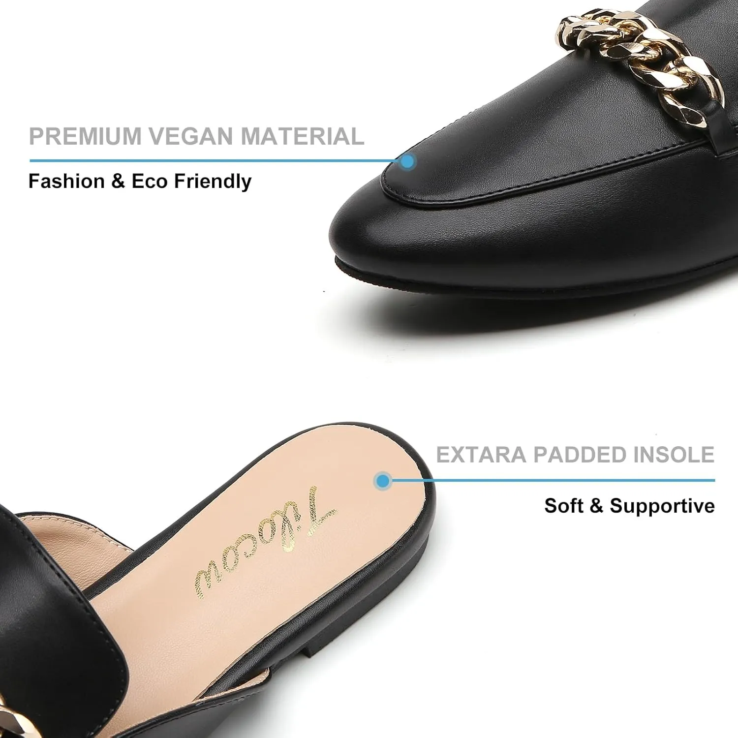 Tilocow Metal Chain Decor Flat Mules for Women Closed Round Toe Slip on Loafers Slides Backless Mules Flats