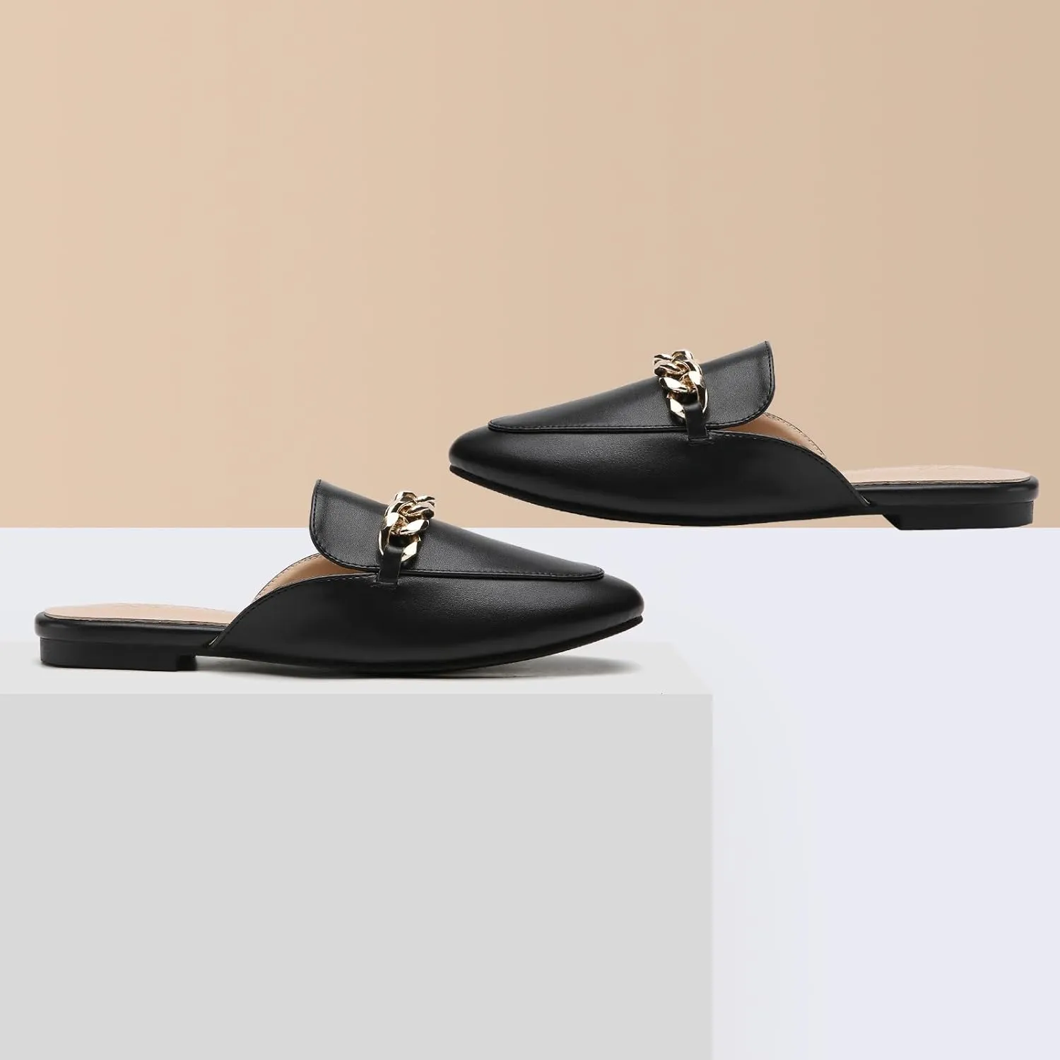 Tilocow Metal Chain Decor Flat Mules for Women Closed Round Toe Slip on Loafers Slides Backless Mules Flats