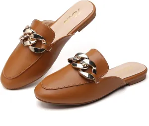 Tilocow Metal Chain Decor Flat Mules for Women Closed Round Toe Slip on Loafers Slides Backless Mules Flats