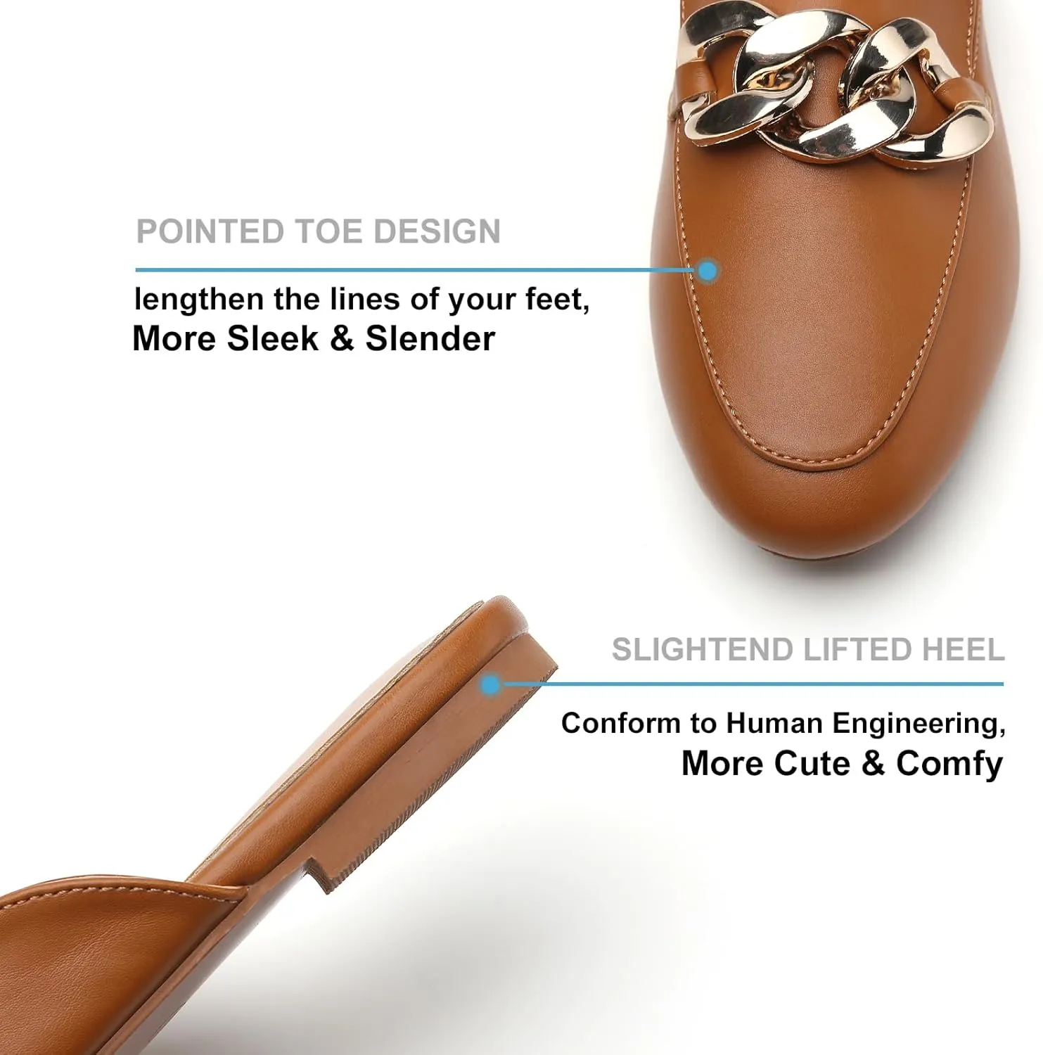 Tilocow Metal Chain Decor Flat Mules for Women Closed Round Toe Slip on Loafers Slides Backless Mules Flats