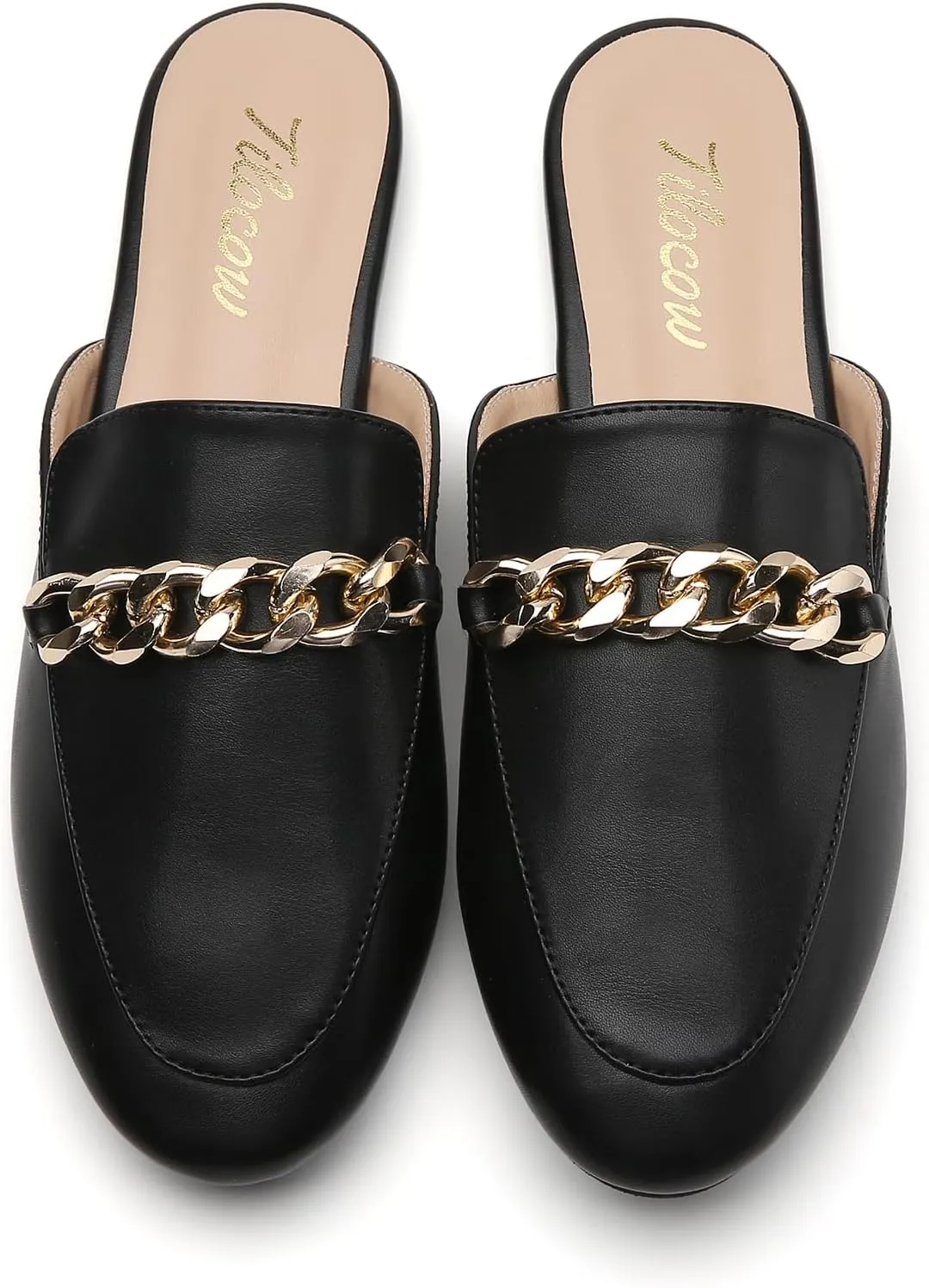 Tilocow Metal Chain Decor Flat Mules for Women Closed Round Toe Slip on Loafers Slides Backless Mules Flats