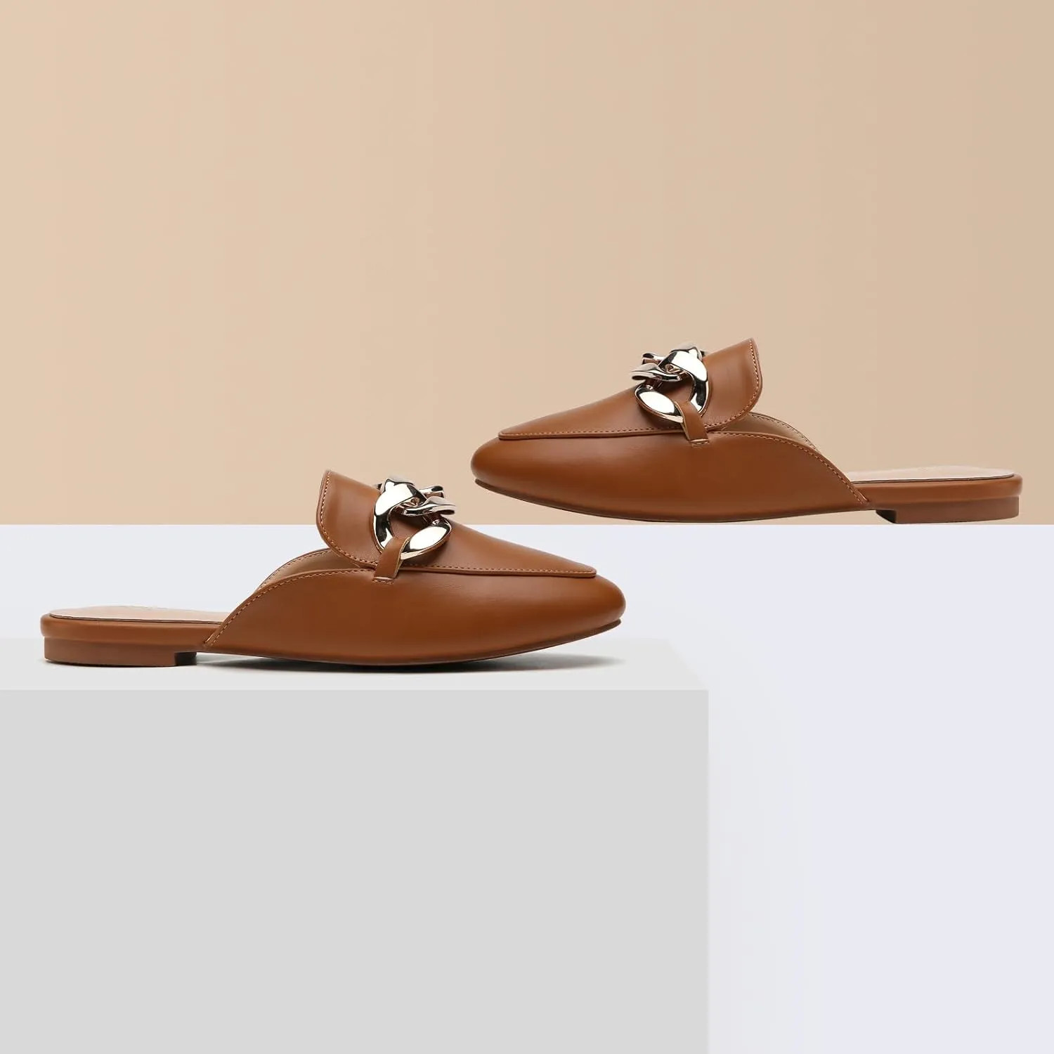 Tilocow Metal Chain Decor Flat Mules for Women Closed Round Toe Slip on Loafers Slides Backless Mules Flats