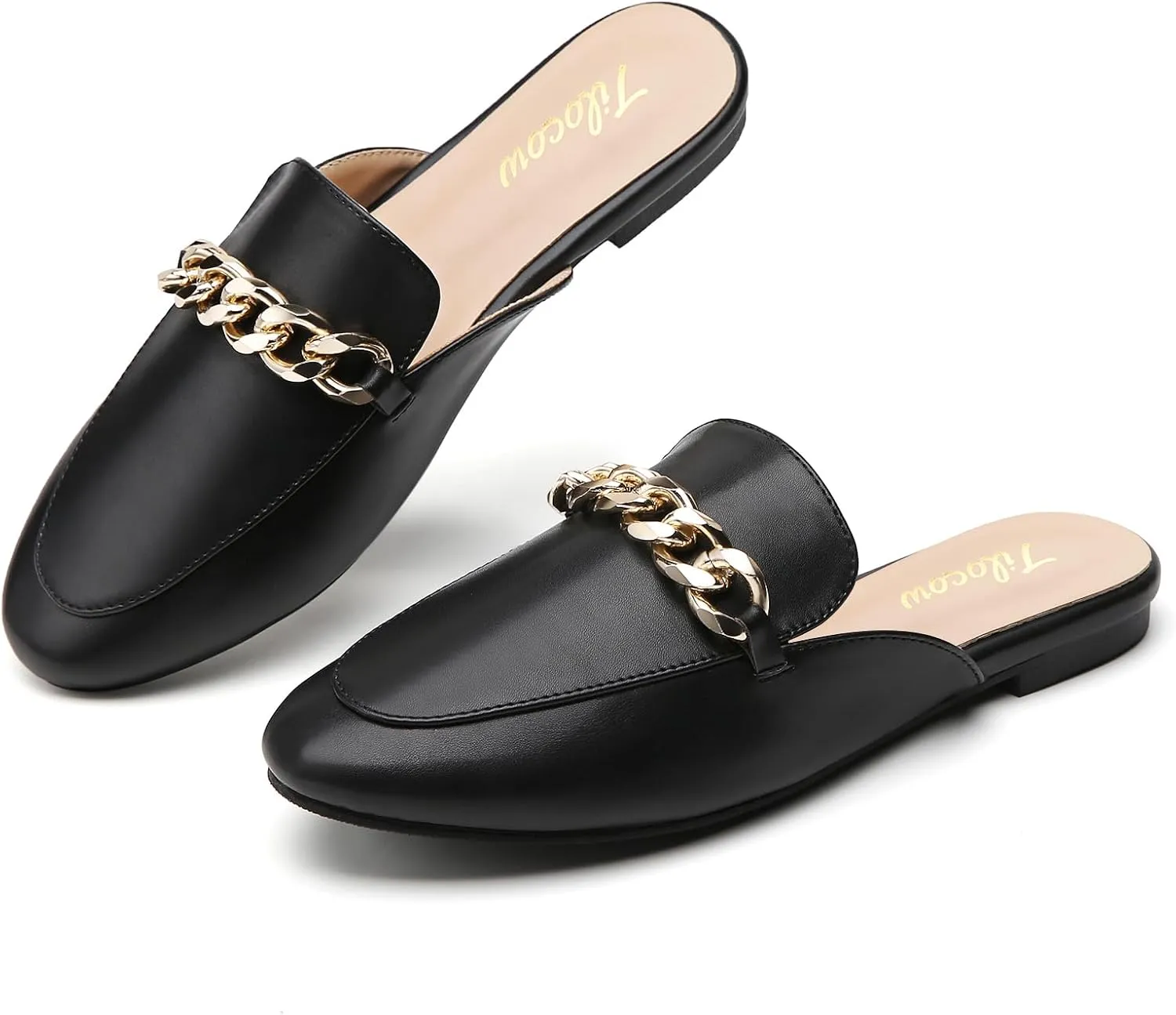 Tilocow Metal Chain Decor Flat Mules for Women Closed Round Toe Slip on Loafers Slides Backless Mules Flats