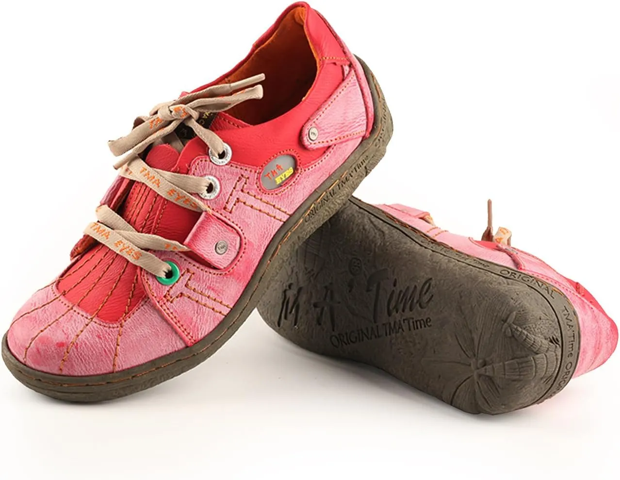 TMA EYES Ladies' Hand-Sewn Thread Genuine Leather Flat Wide-Toe Sports Casual Shoes