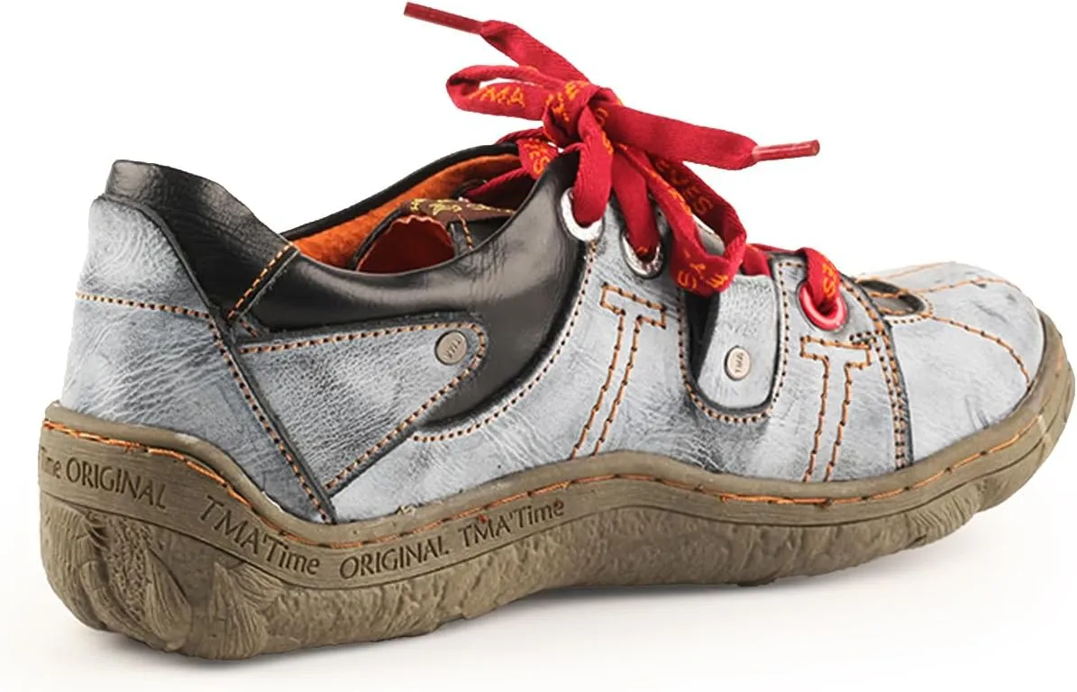 TMA EYES Ladies' Hand-Sewn Thread Genuine Leather Flat Wide-Toe Sports Casual Shoes