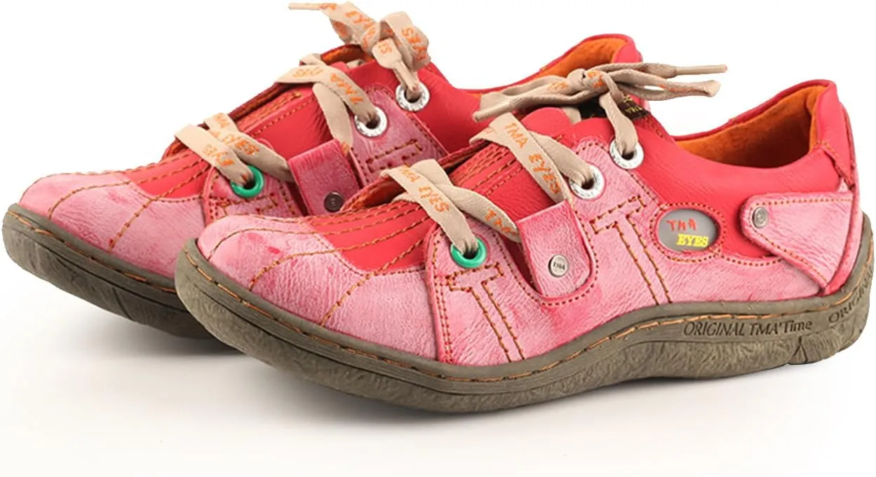 TMA EYES Ladies' Hand-Sewn Thread Genuine Leather Flat Wide-Toe Sports Casual Shoes