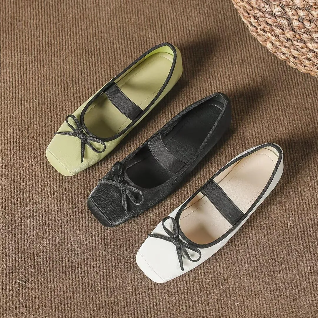 TN TANGNEST Leather Flats for Women Comfortable Square Toe Bowknot Ballet Flats Retro Slip On Mary Jane Flats