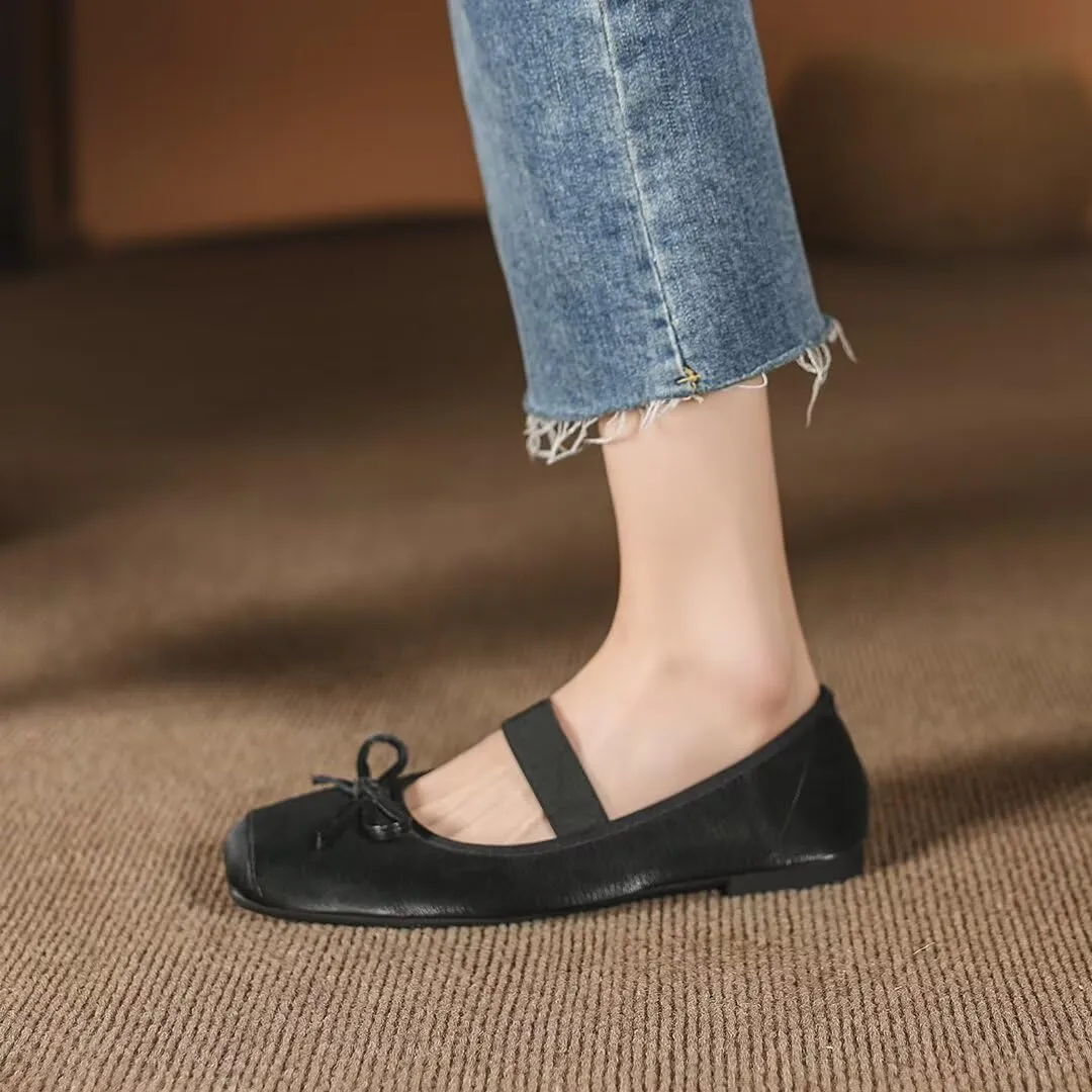 TN TANGNEST Leather Flats for Women Comfortable Square Toe Bowknot Ballet Flats Retro Slip On Mary Jane Flats